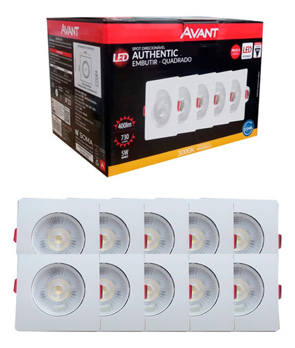 Kit 10 Luminárias Spot Led Quadrado Embutir 5w 3000k Avant