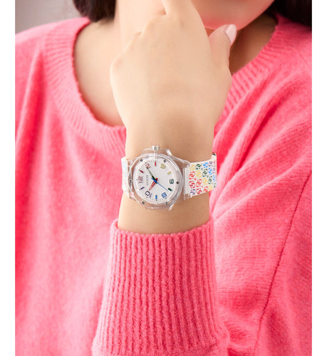 Reloj Guess Mini Hype Mujer Arcoiris Bisel Claro Fondo Blanco