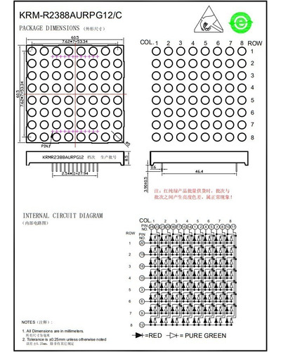 Matriz 8x8 Led 5mm Anodo Común Bicolor 60mm 4pzs