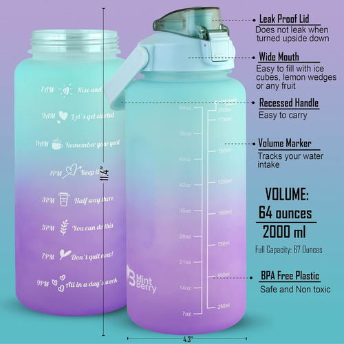 Botella De Agua De Medio Galón Con Marcador De Tiempo Y Paji