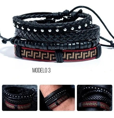 Pulsera Cuero Tejido Boho Vintage Multicapa Caballero Color