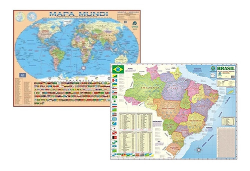 Kit 2 Mapas 1 Mundi +1 Brasil Escolar 120x90cm  Frete Grátis