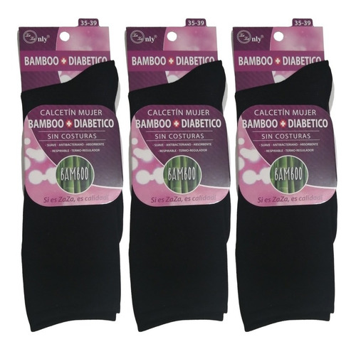Imagen 2 de 2 de 3 Pares Calcetin Mujer Bambu Sin Costura 35 Al 39 (negros)