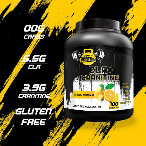 Cla + Carnitina 1kg Guns Suplements 100 Servs Pre Entreno Naranja