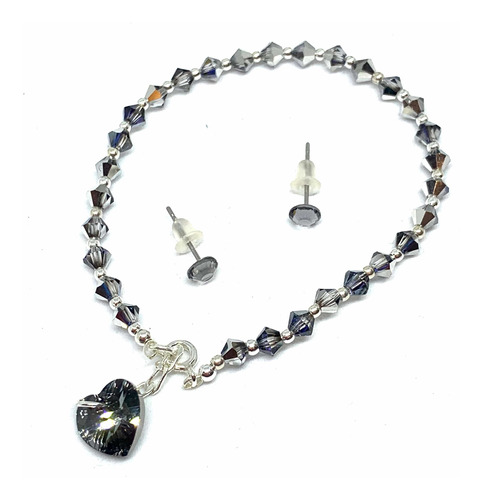 Conjunto Cristal Swarovski Aro Par Pulsera Y Cadena Corazon