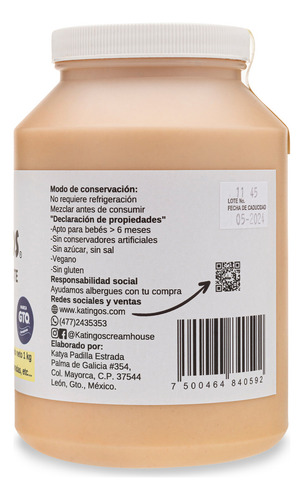 Crema De Cacahuate Para Bebes, Sin Sal Y Azúcar (ablactación A Partir 6 Meses), Marca Katingos 1 Kg