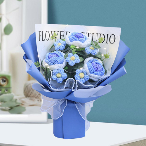 Ramo De Flores De Ganchillo Completo Con Luz, Ramo De Azul