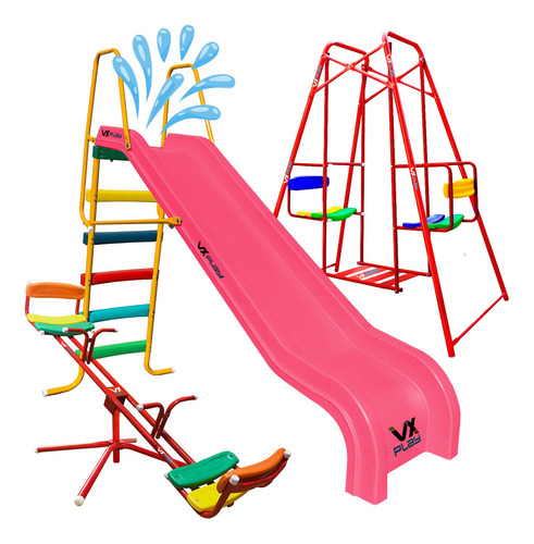 Combo Tobogán 5 Escalones Pileta Hamaca 1.40 Sube Baja Color Tobogan Rosa - Hamaca Rojo