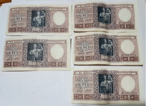 1 Peso Moneda Nacional Cinco Billetes Correlativo Serie B 