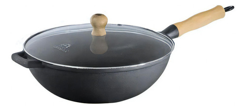 Panela Frigideira Wok Em Ferro Fundido Com Tampa Vidro 28 Cm