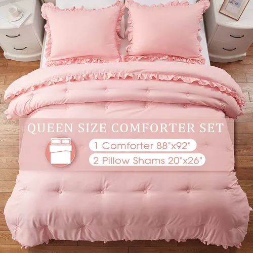 Juego de edredón rosa copetudo tamaño Queen (90 x 90 pulgadas), 3 piezas,  edredón ligero de algodón suave con 2 fundas de almohada, juego de edredón