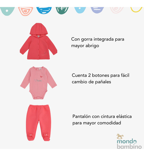 Conjunto Pantalón Chamarra Y Pañalero De Bebé Mondo Bambino Rosa Fucsia 3 M