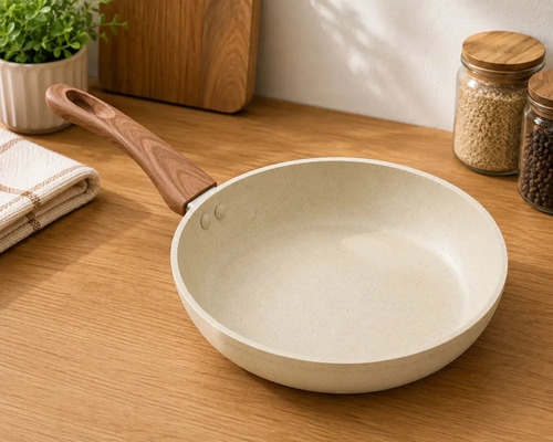 Frigideira Cerâmica Antiaderente Fogão Cooktop Indução Gás Premium Sem Tampa Frita Sem Óleo Não Gruda 24 Cm Bege Mundilar