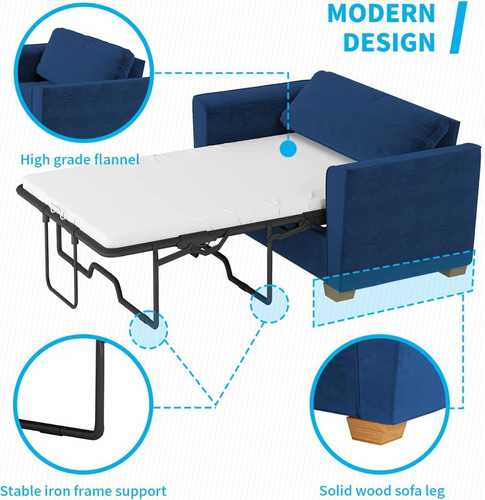 Sofa Cama Extraible 2 En 1 Individual Trciopelo Azul Mjkone
