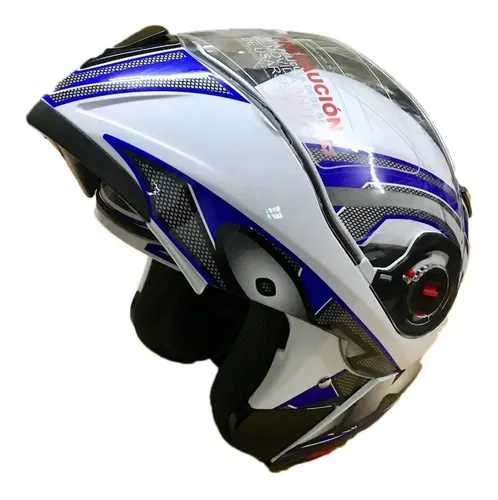 Casco para moto rebatible blanco gráfica azul talle