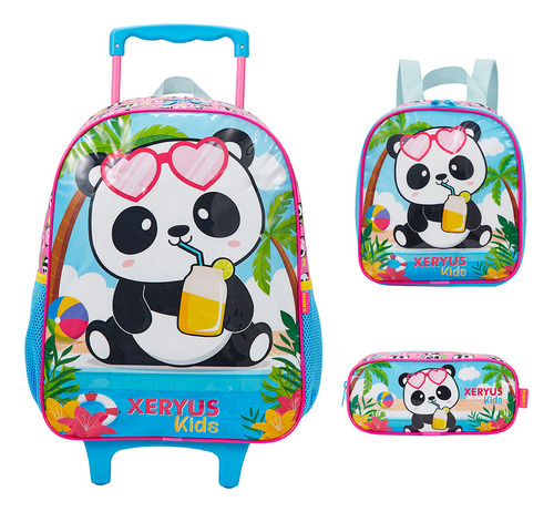 Kit de mochila escolar Xeryus KIT XER PANDA VA25 com design Estampado - azul-claro