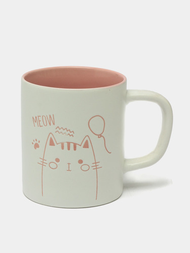 Taza De Cerámica Blanca Y Rosa Gato Globos Meow 