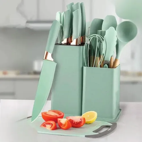Kit 19 Utensílios Para Cozinha Com Tábua  E Espátula Verde