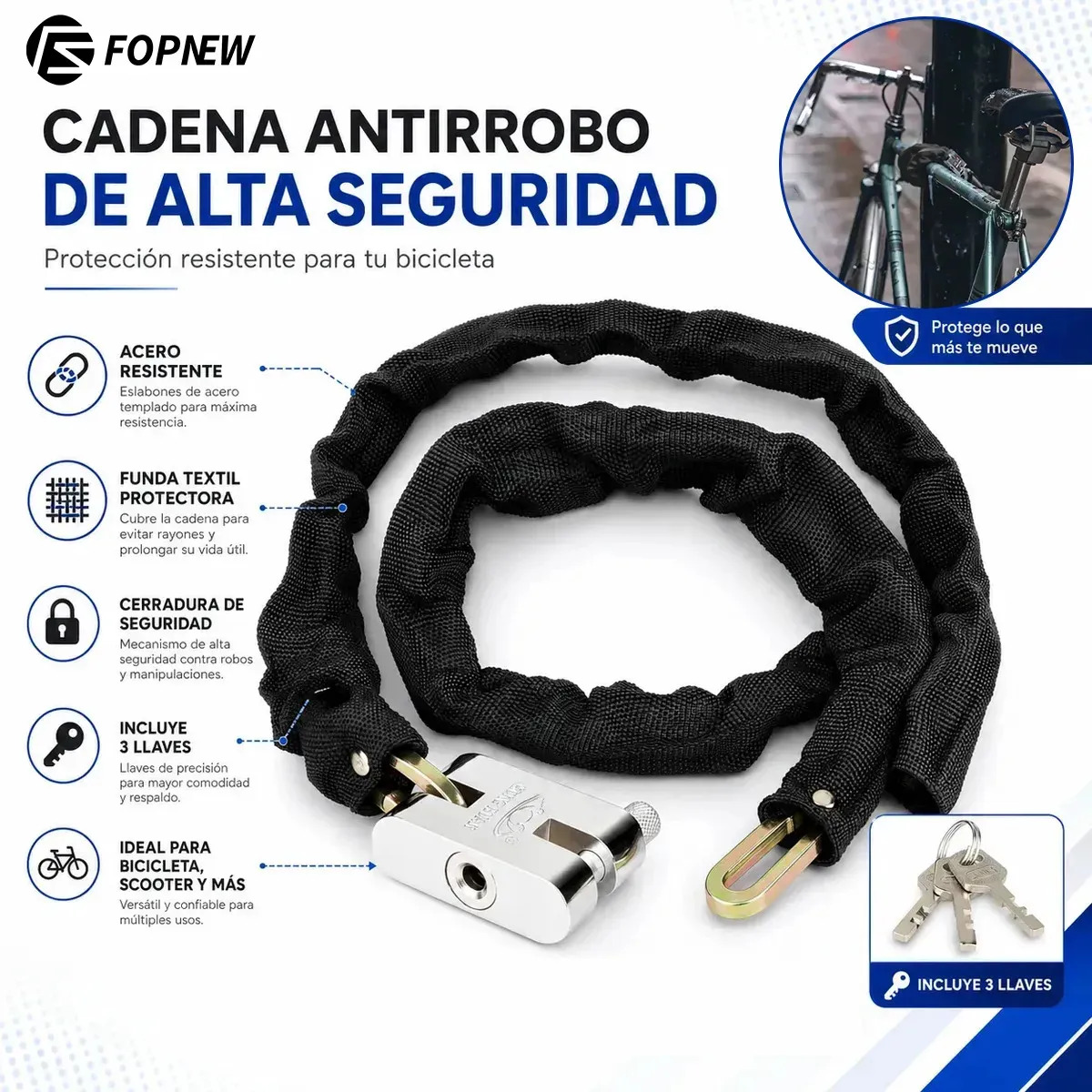 Imagen de Cerradura de Cadena Antirrobo Fopnew para Bicicleta y Moto, de Acero al Manganeso y Cobre Puro, con 3 Llaves