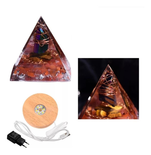 Pirâmide Orgonite Base De Led Bivolt Cristal Roxo Meditação