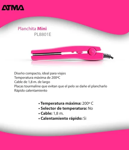 Mini Plancha De Pelo Atma Pl8801e Lacio Perfecto Viajera