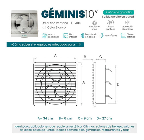 Imagen 3 de 6 de Extractor De Aire 10´´ Blanco Estético Masterfan Géminis 10