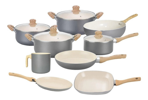 Juego De Ollas Bateria De Cocina Antiadherente Crema 13pz 