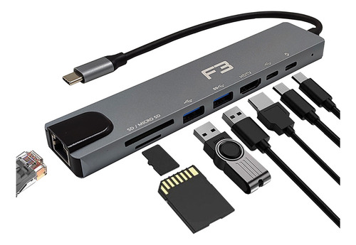 Adaptador Hub Tipo-c 8 Em 1 Hdmi 4k Lan Usb 3.0 Sd/tf Type-c