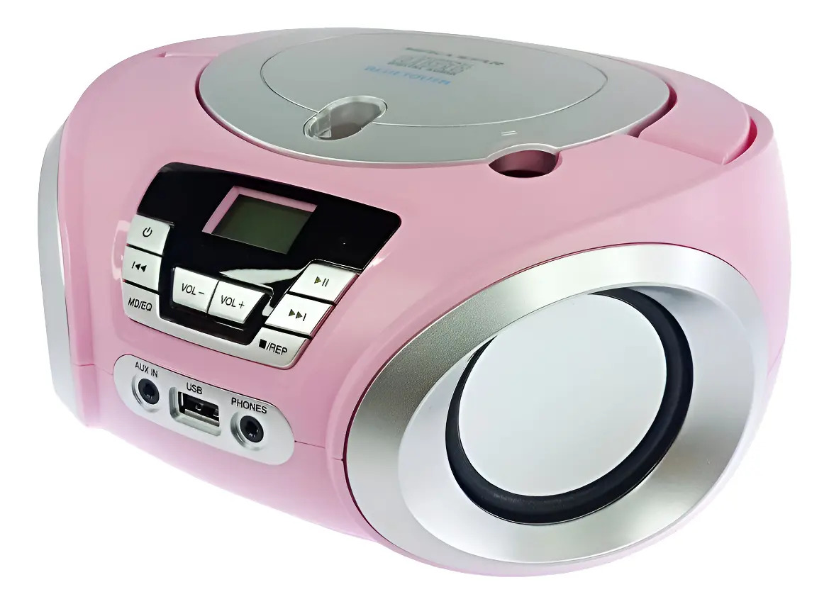 Micro System Portatil MegaStar MP1842BTP Bluetooth USB CD FM A Pilha e Corrente Eletrica Na Cor Rosa