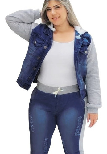 Jaqueta Jeans Com Moletom Plus Size Feminina Com Capuz Blusa