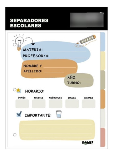 Separador De Materia Escolar Nº3 Rome Fantasia Set X6 Uni.