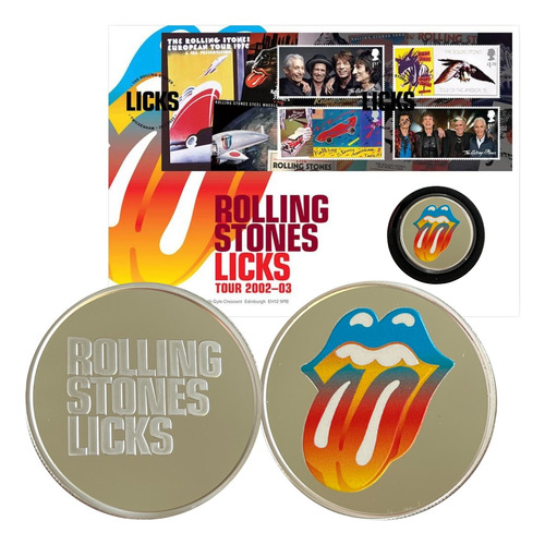 Medalha Rolling Stones Licks Banhada Prata + 4 Selos Postais