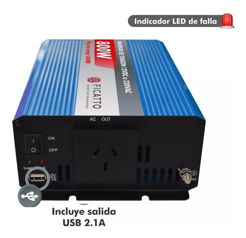 Imagen 3 de 5 de Inversor De Corriente 12v A 220v 800w Ficatto Auto Barco Casa Rodante