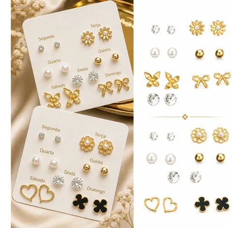 Kit 14 Pares de Brincos Minimalista Elegante Pérola Zircônia Dourado
