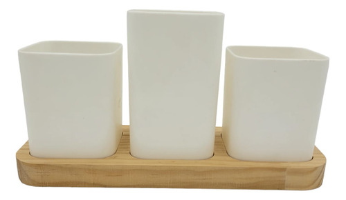 Organizador Multiuso De 3 Vasos Blanco Con Base De Bambu