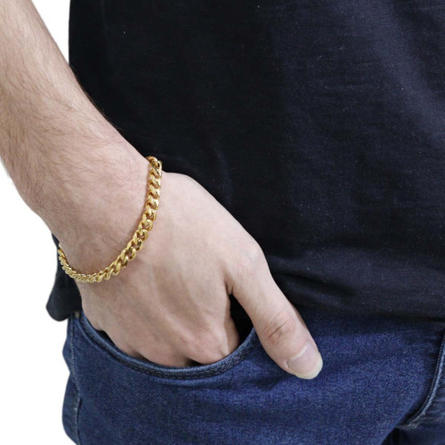 Pulseira De Masculina Corrente Dourada Média Aço