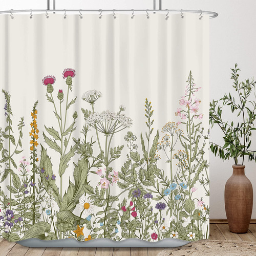 Riyidecor - Cortina De Ducha Con Diseño De Flores Silvestres