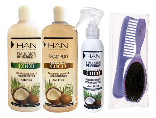 Han Shampoo + Emulsion +crema Coco Hidronutritivo +kit Peine