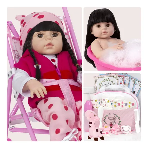 Boneca Reborn Girafa Barata Enxoval Com Carrinho Dobrável