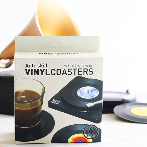 Divertidos Posavasos Retro De Vinilo Para Bebidas Con Soport