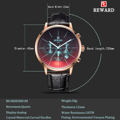 Reloj cronógrafo de piel Reward Quartz Calendar, color del bisel: azul rosa