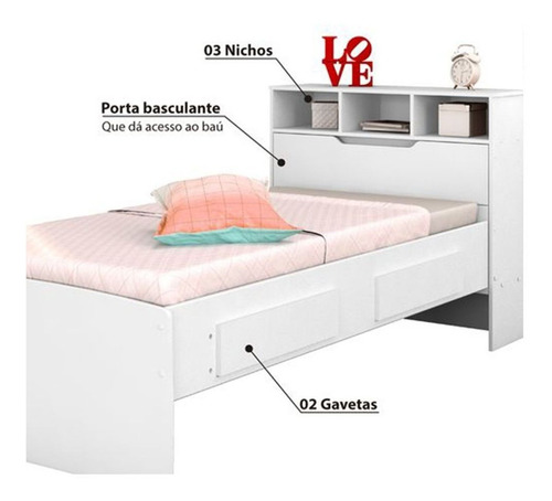 Cama Solteiro Ravena Com Baú, 2 Gavetas - Branco