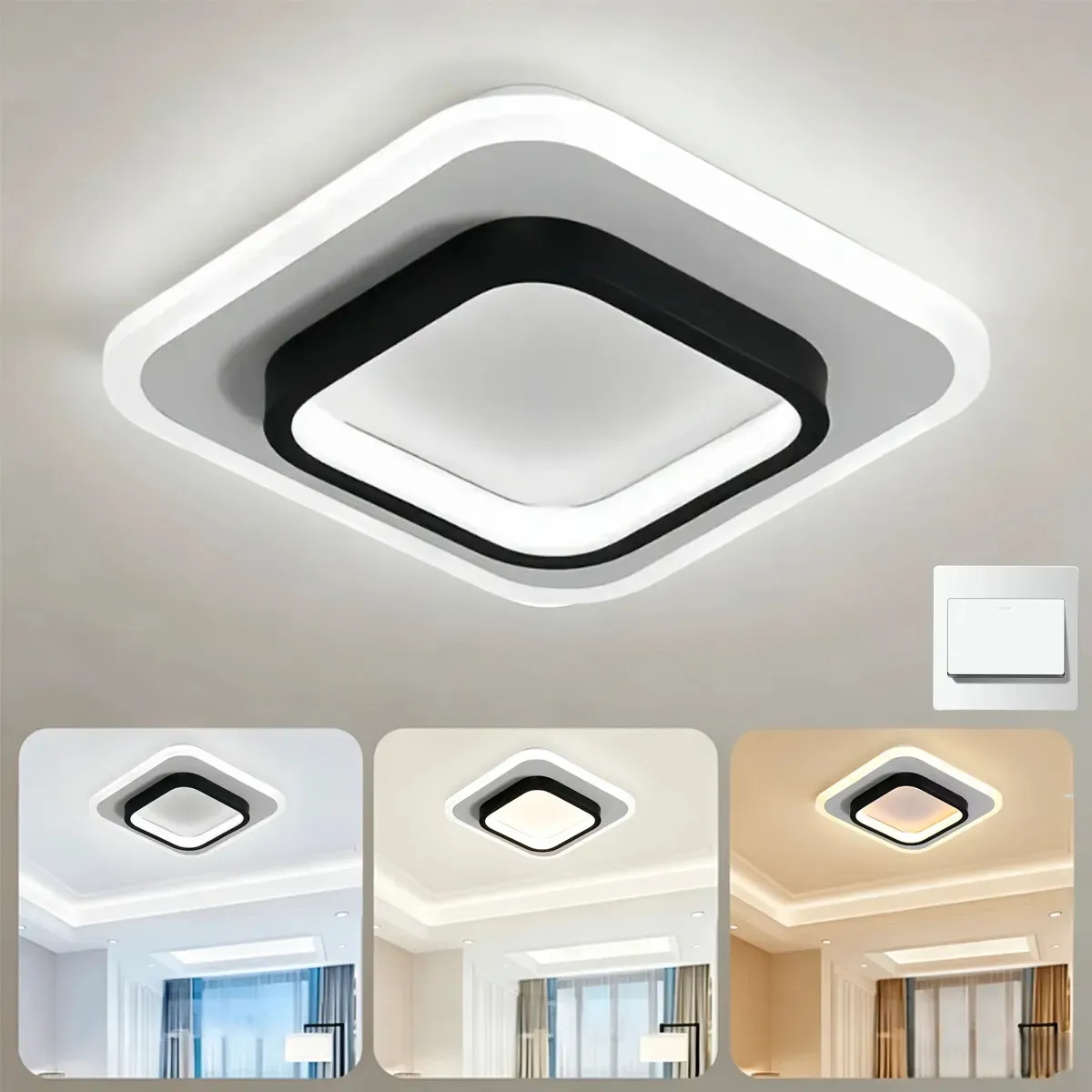 Piedrabanks Luces Led Caliente Frío Neutro Lámpara Decorativa De Techo Estructura Cuadrada En Negro Y Blanco 20*20*5cm De Alta Calidad Acrílico 20w Energía Dormitorio Comedor Salón