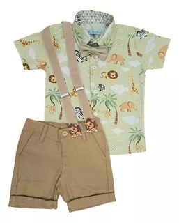 Safari Roupa Festa Menino Camisa Temática Short Suspensório 