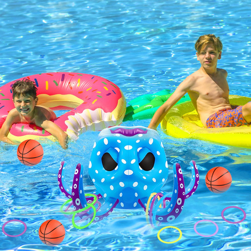 Juego De Piscina Pulpo 2 En 1, Aro Baloncesto, Anillo, 8 Ani