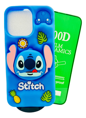 Funda Stitch + Mica Para Iphone 12 / 12 Pro Azul Stitch