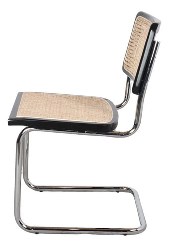 Sillas Cesca Breuer De Comedor Makom Con Estructura De Acero Tubular Cromado Con Acabado Brillante. Respaldo Y Asiento De Madera De Haya Laqueada Negro Y Esterillado En Rattán Sintético, Set X4 Unid.
