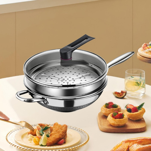 Juego De Sartén Wok De Acero Inoxidable Con Inserto De 34cm