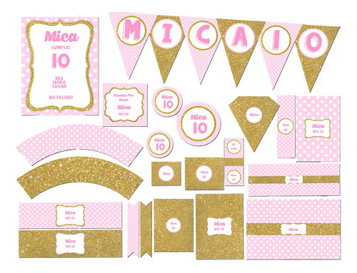 Kit Imprimible Rosa Y Dorado Textos Editables!