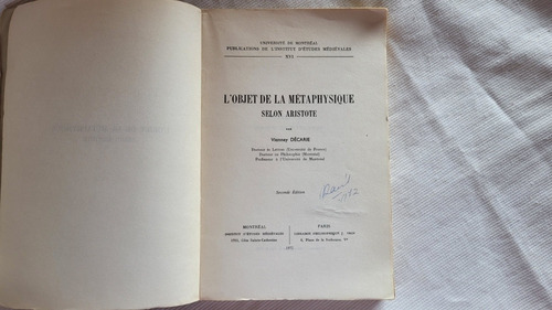 L Objet De La Metaphysique Selon Aristote Vlanney Decarie